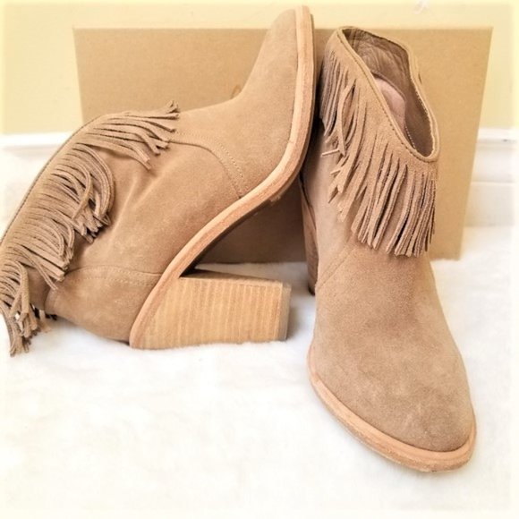 Joie Loren Fringe Tan Suede Heel Ankle Bootie Size - 38 - Picture 9 of 14
